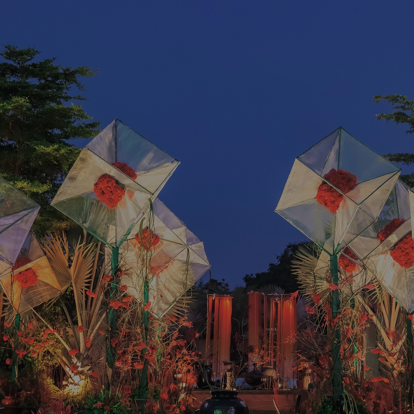 Kite lantern installation lit up at Aekal Raatri